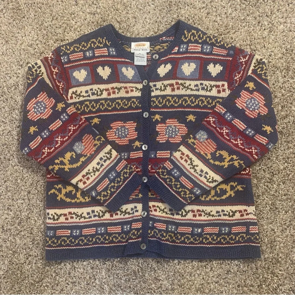 Talbots Americana Hearts Vintage 90s Linen Blend Hand Knit Cardigan Sweater - Picture 10 of 13